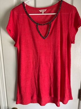Juicy Couture Coral Short-Sleeve Scoop Neck Top with Black Beaded Trim